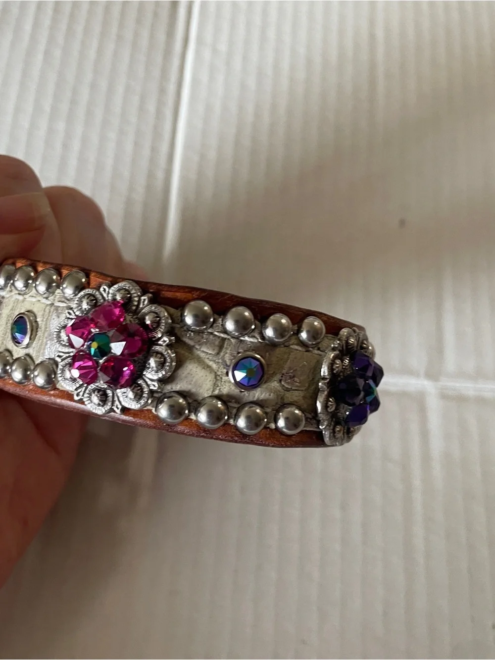 Dog Collar Embellished Brown Leather with Multicolor Stones